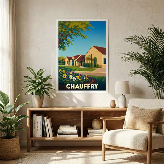 Affiche souvenir de la ville de Chauffry avec une illustration stylisée et colorée de son paysage urbain.