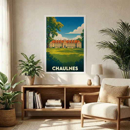 Affiche souvenir de la ville de Chaulnes avec une illustration stylisée de son château.