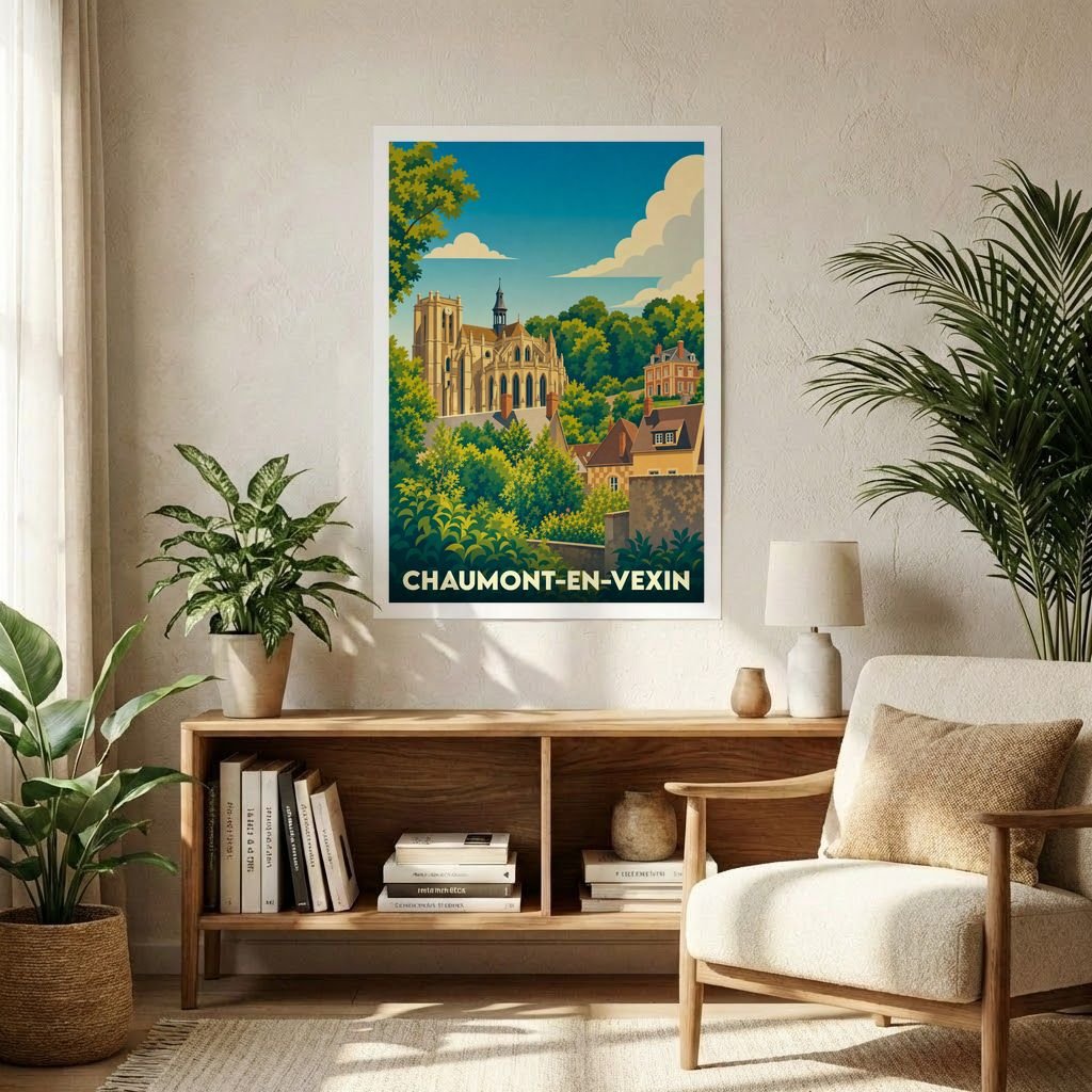 Affiche souvenir de la ville de Chaumont-en-Vexin avec une illustration stylisée.