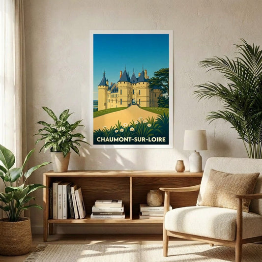 Affiche souvenir de la ville de Chaumont-sur-Loire avec une illustration stylisée de son château.