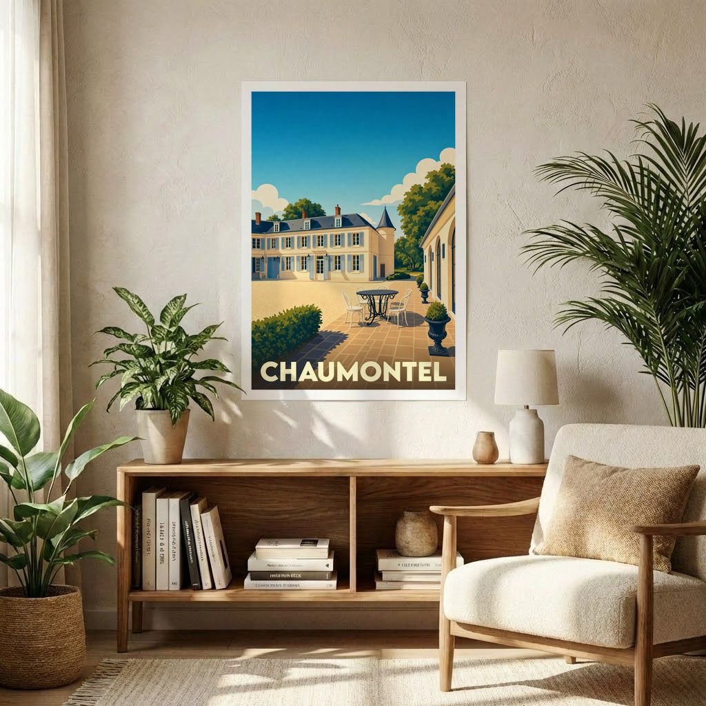 Affiche souvenir de la ville de Chaumontel avec une illustration stylisée d'un domaine provençal sous un ciel bleu.