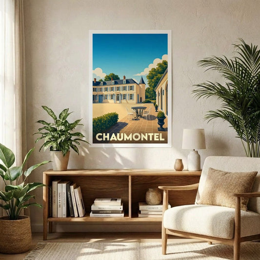 Affiche souvenir de la ville de Chaumontel avec une illustration stylisée d'un domaine provençal sous un ciel bleu.