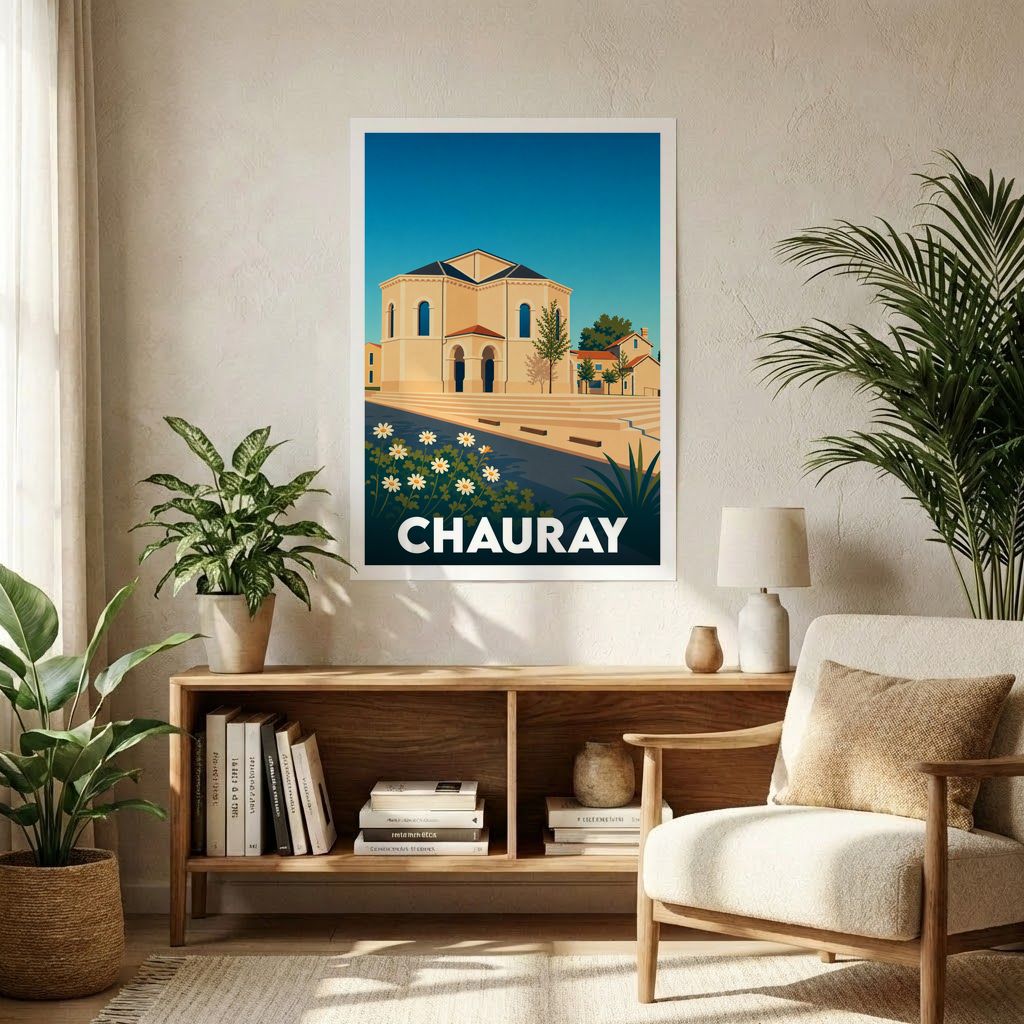 Affiche souvenir de la ville de Chauray avec une illustration stylisée et colorée de son patrimoine architectural.