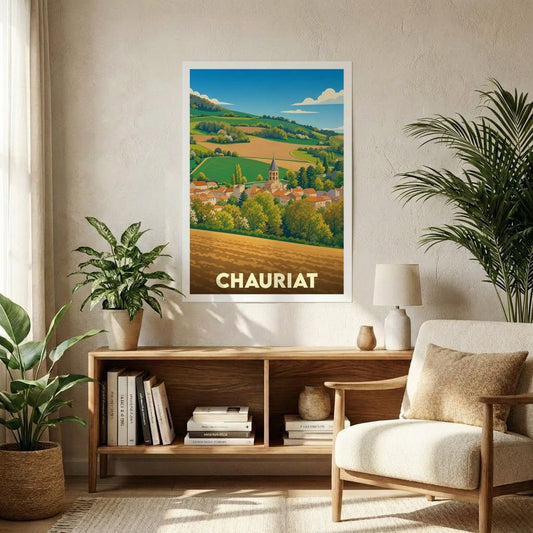Affiche souvenir de la ville de Chauriat illustrant un paysage de campagne vallonné et son clocher typique dans un style rétro.
