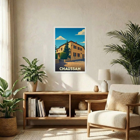 Affiche souvenir de la ville de Chaussan avec une illustration stylisée d'une maison traditionnelle.