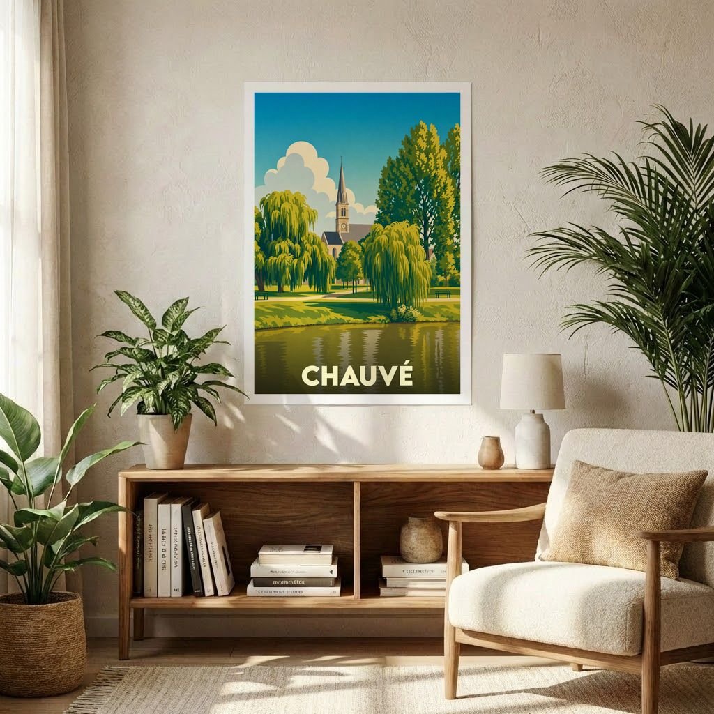 Affiche souvenir de la ville de Chauvé avec une illustration stylisée d'un paysage arboré au bord de l'eau.