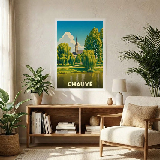 Affiche souvenir de la ville de Chauvé avec une illustration stylisée d'un paysage arboré au bord de l'eau.
