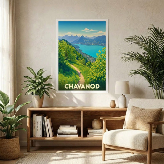 Affiche souvenir de la ville de Chavanod représentant un paysage naturel stylisé avec lac et montagnes.