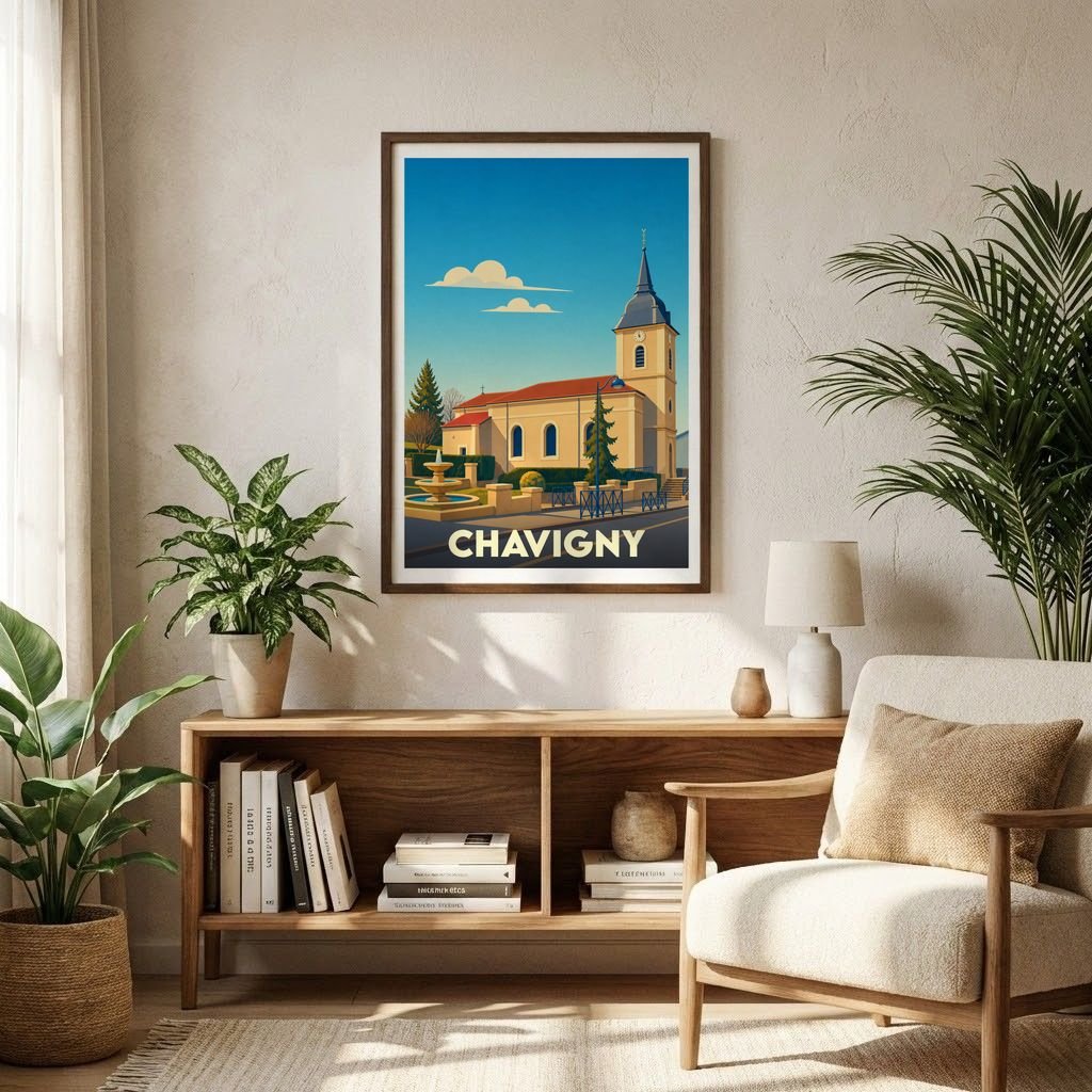 Affiche souvenir de la ville de Chavigny avec une illustration stylisée de son église sous un ciel bleu.