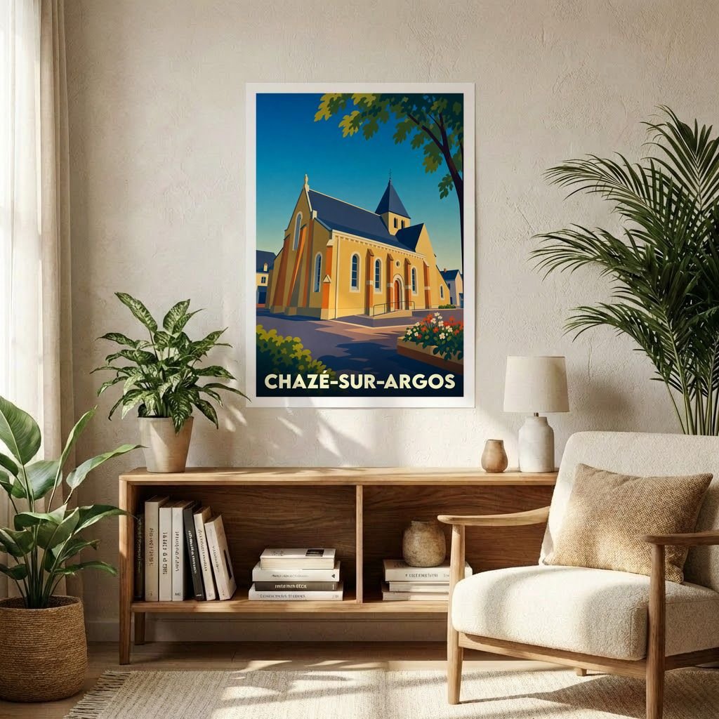 Affiche souvenir de la ville de Chazé-sur-Argos représentant son église dans un style graphique épuré et coloré.