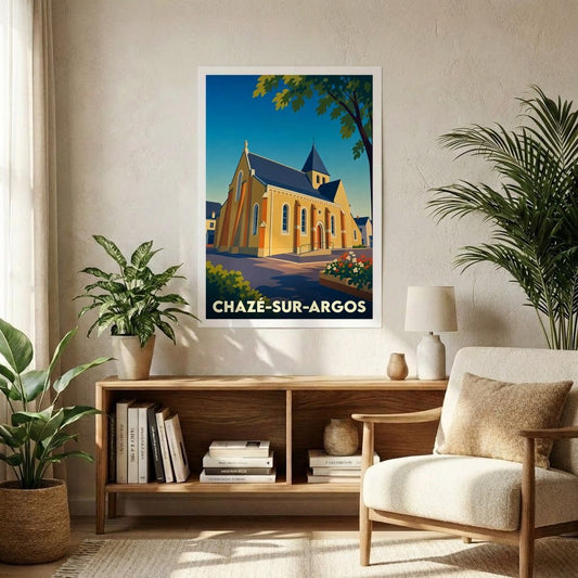 Affiche souvenir de la ville de Chazé-sur-Argos représentant son église dans un style graphique épuré et coloré.