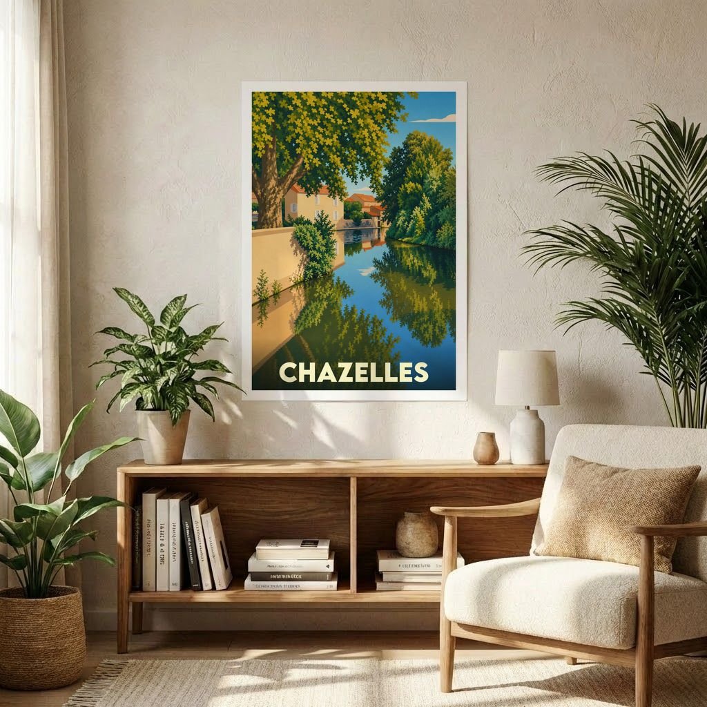Affiche souvenir de la ville de Chazelles avec une illustration stylisée d'un cours d'eau bordé de maisons et d'arbres.