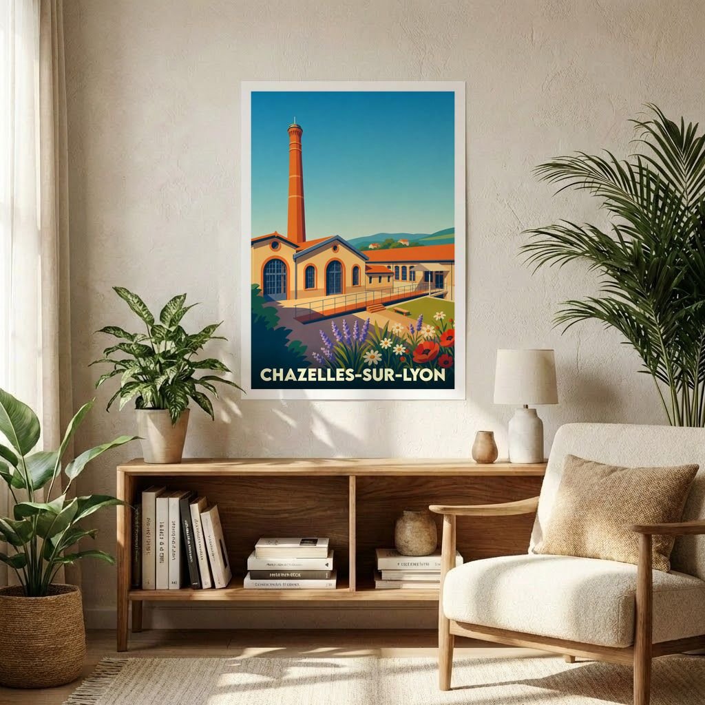 Affiche souvenir de la ville de Chazelles-sur-Lyon avec une illustration stylisée de son patrimoine industriel et floral.