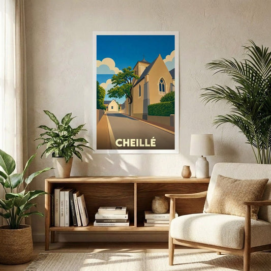 Affiche souvenir de la ville de Cheillé présentant une illustration stylisée et colorée de ses rues et de son église.