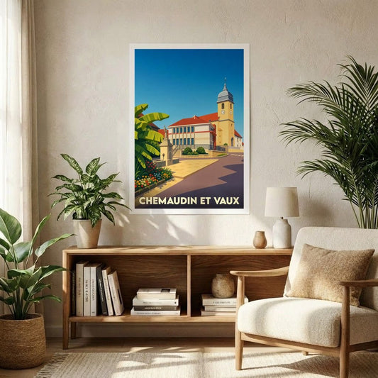 Affiche souvenir de la ville de Chemaudin et Vaux avec une illustration stylisée et colorée.
