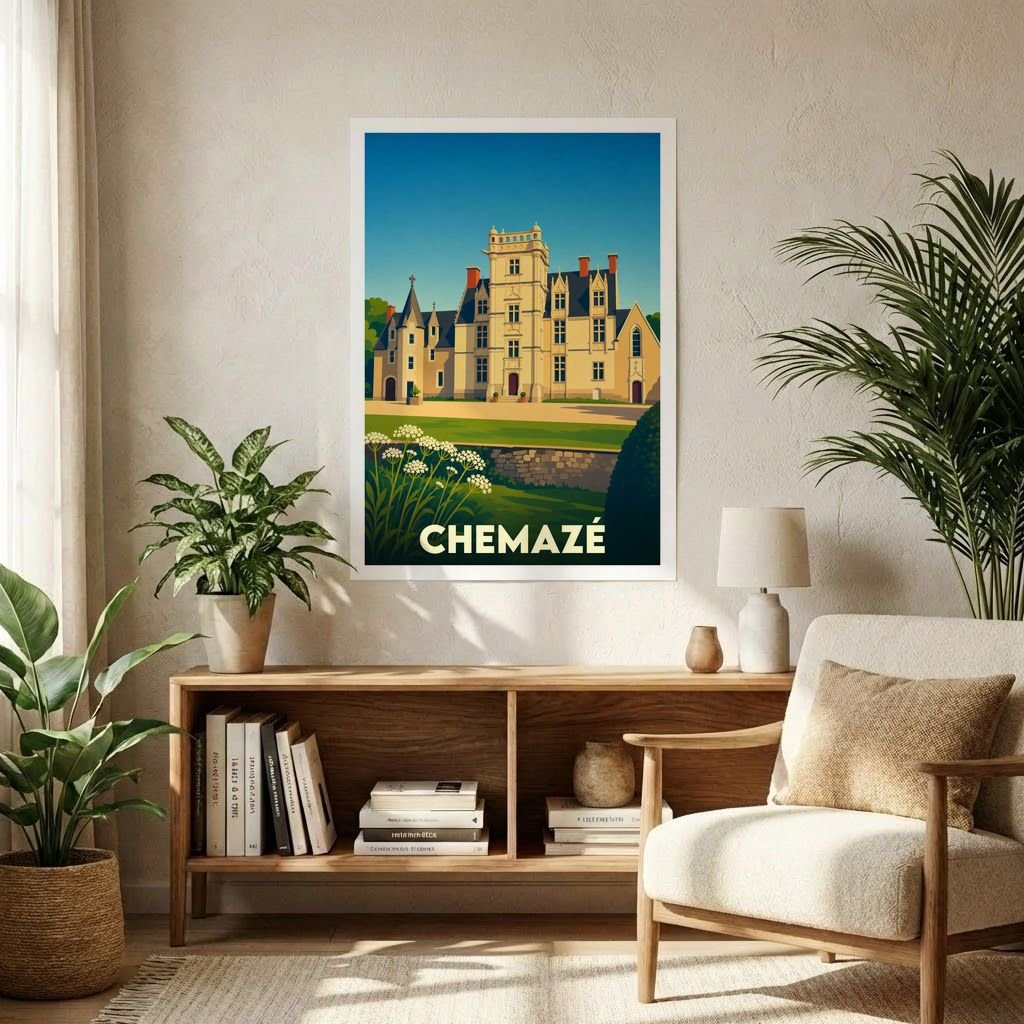 Affiche souvenir de la ville de Chemazé avec une illustration stylisée de son château.