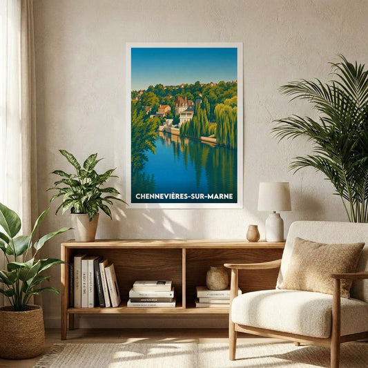 Affiche souvenir de la ville de Chennevières-sur-Marne avec une illustration stylisée.