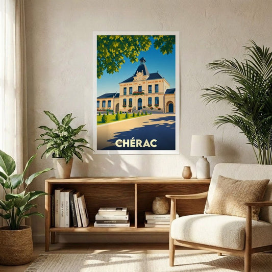 Affiche souvenir de la ville de Chérac avec une illustration stylisée de son hôtel de ville sous un ciel bleu.