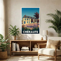 Affiche souvenir de la ville de Chéraute avec une illustration stylisée d'un bâtiment et de fleurs.