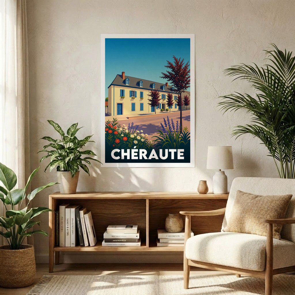 Affiche souvenir de la ville de Chéraute avec une illustration stylisée d'un bâtiment et de fleurs.