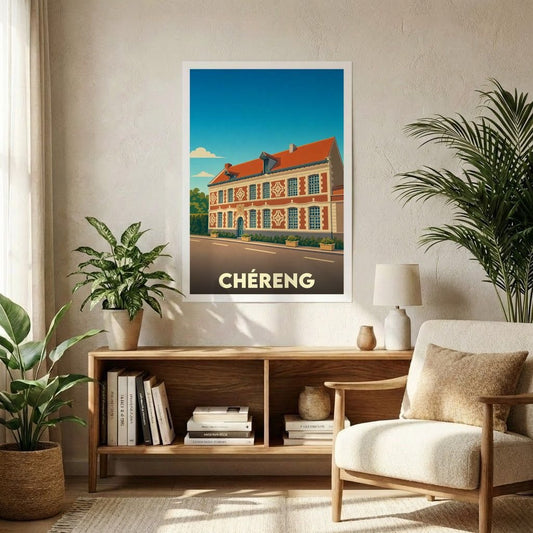 Affiche souvenir de la ville de Chéreng avec une illustration stylisée d'un bâtiment typique.