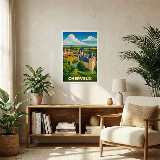 Affiche souvenir de la ville de Cherveux avec une illustration stylisée d'un château.