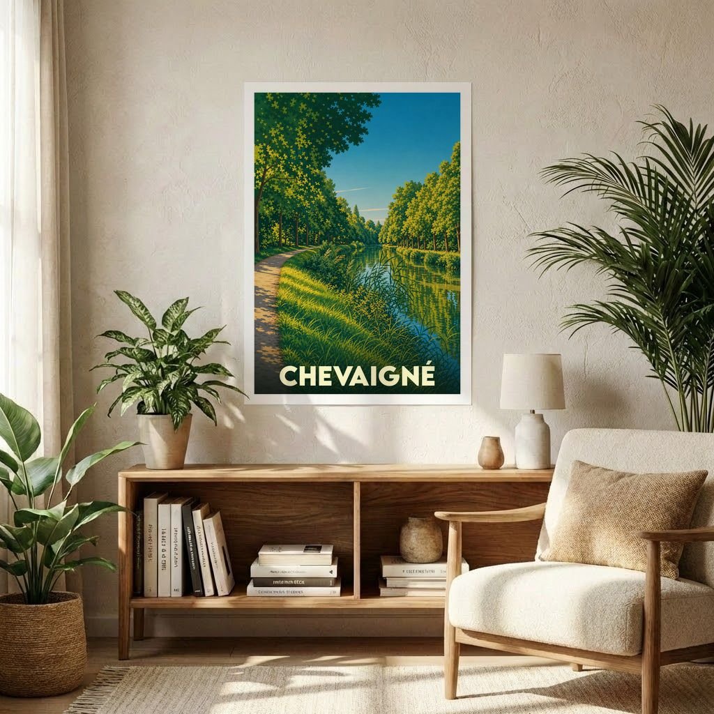 Affiche souvenir de la ville de Chevaigné avec une illustration stylisée d'un canal bordé d'arbres.