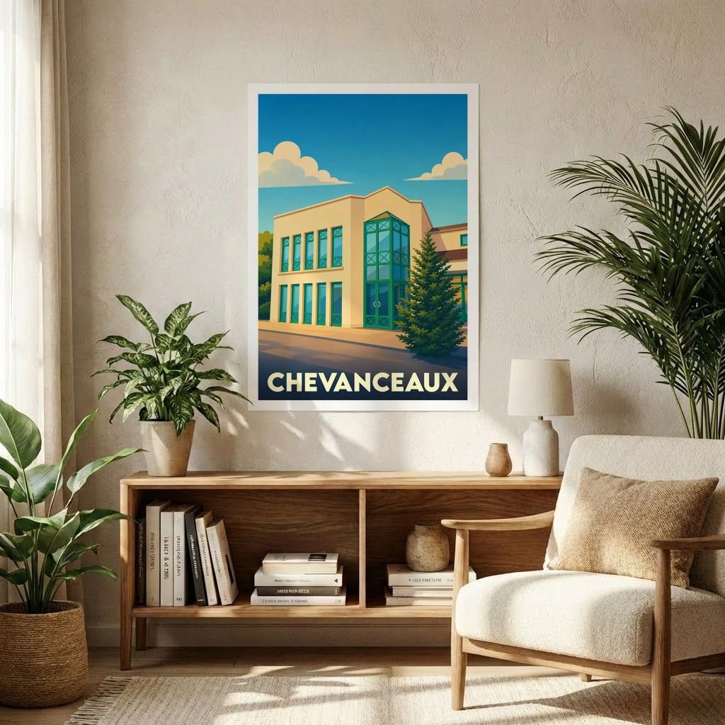 Affiche souvenir de la ville de Chevanceaux avec une illustration stylisée d'un bâtiment moderne.