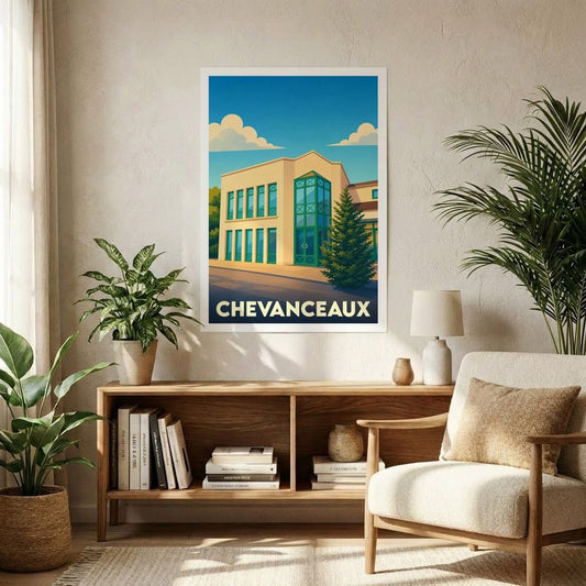 Affiche souvenir de la ville de Chevanceaux avec une illustration stylisée d'un bâtiment moderne.