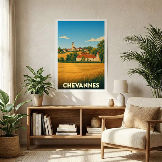Affiche souvenir de la ville de Chevannes illustrant un paysage champêtre dans un style rétro.