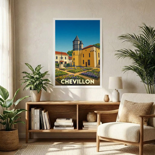 Affiche souvenir de la ville de Chevillon illustrant son patrimoine architectural et ses jardins fleuris dans un style vintage.