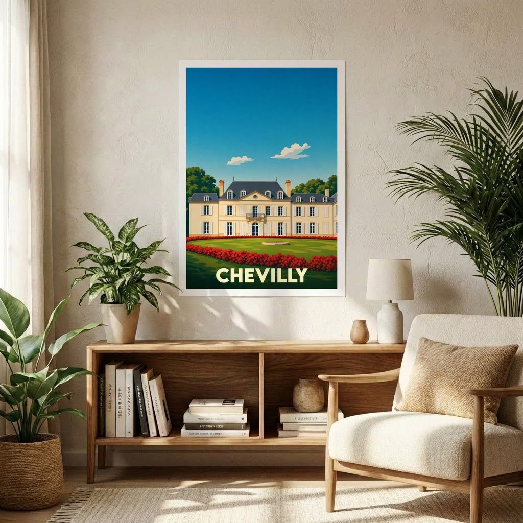Affiche souvenir de la ville de Chevilly illustrant son château dans un style graphique et coloré.