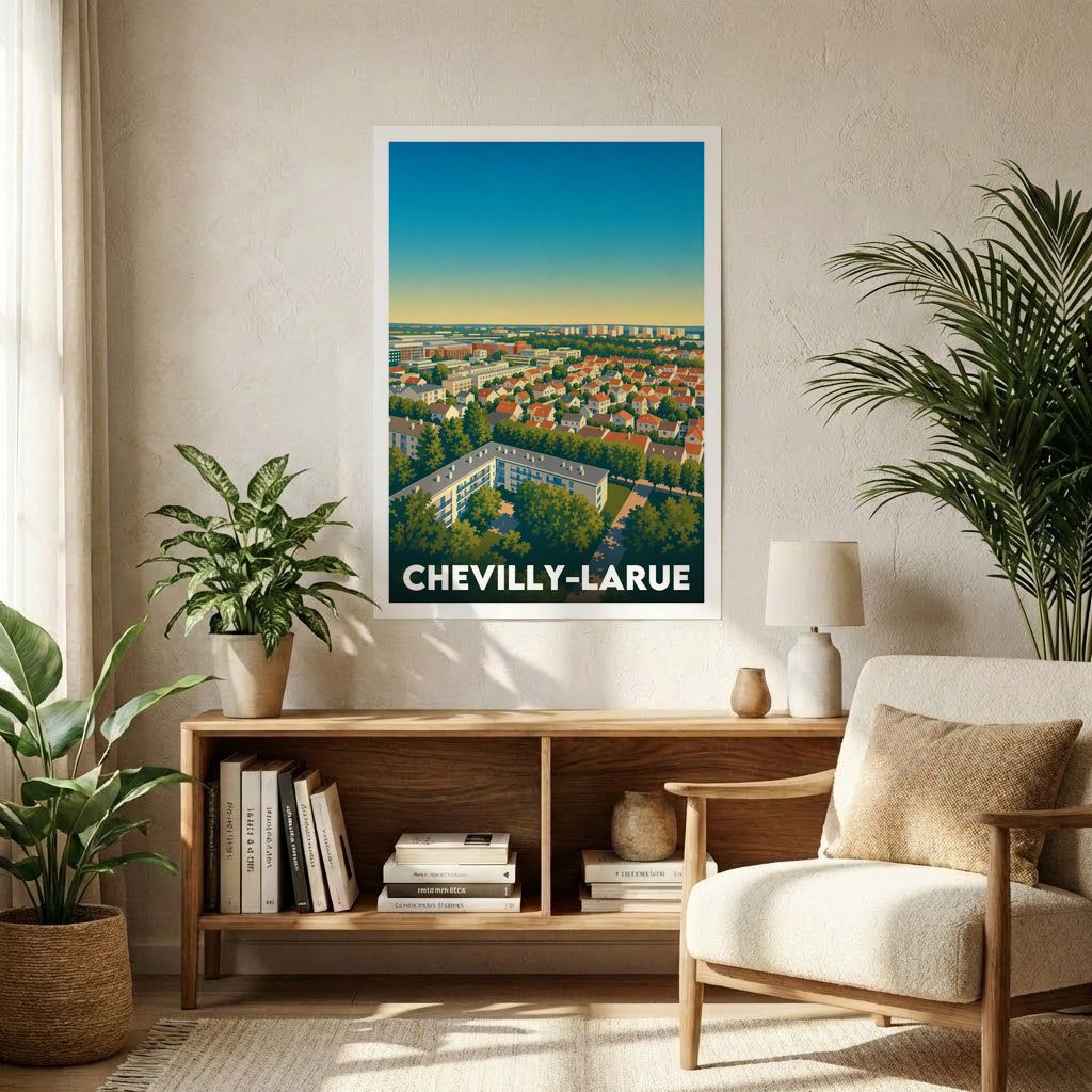 Affiche souvenir de la ville de Chevilly-Larue avec une illustration stylisée vue du ciel.