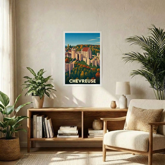 Affiche souvenir de la ville de Chevreuse avec une illustration stylisée d'un château médiéval entouré de végétation.