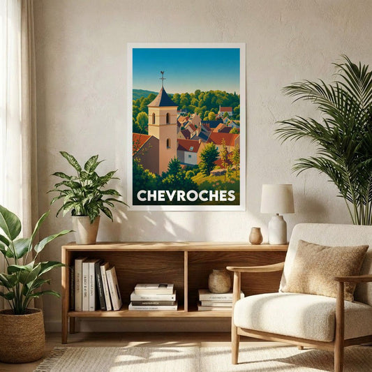 Affiche souvenir de la ville de Chevroches avec une illustration stylisée.