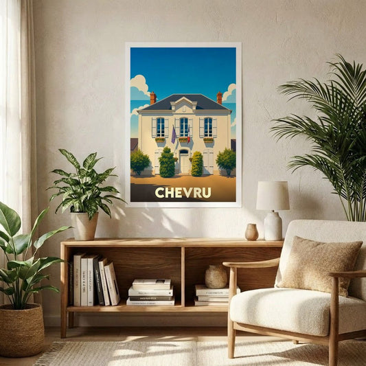 Affiche souvenir de la ville de Chevru représentant une mairie illustrée dans un style vintage.