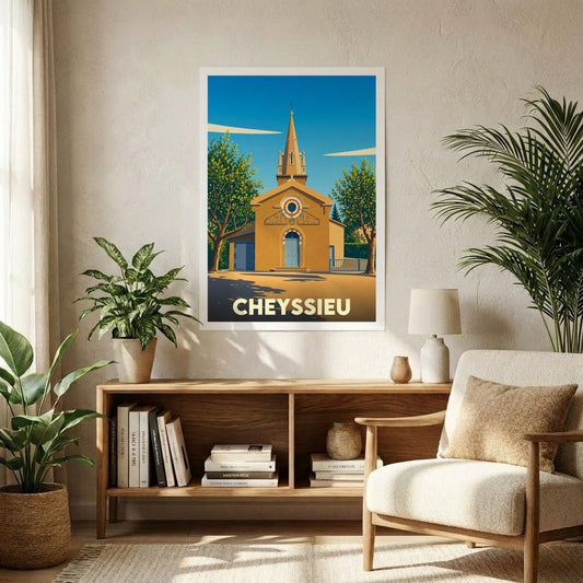 Affiche souvenir de la ville de Cheyssieu avec une illustration stylisée de son église sous un ciel bleu.