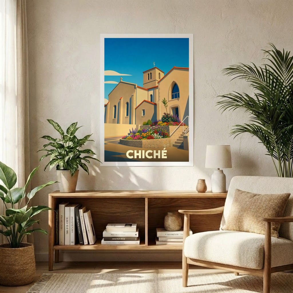 Affiche souvenir de la ville de Chiché avec une illustration stylisée d'une église sous un ciel bleu.