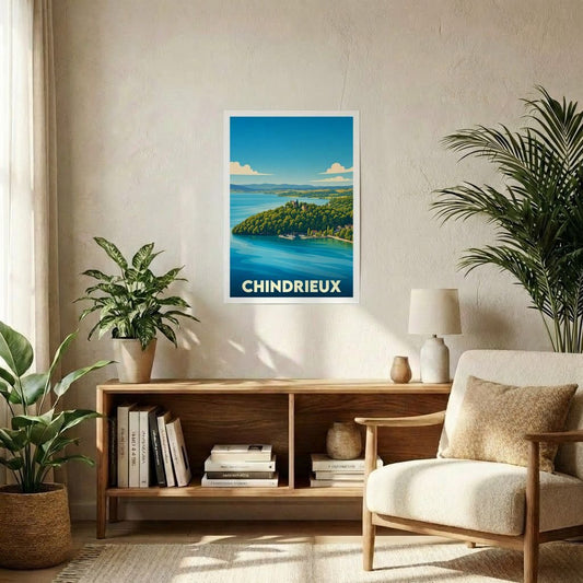 Affiche souvenir de la ville de Chindrieux avec une illustration stylisée du lac du Bourget.