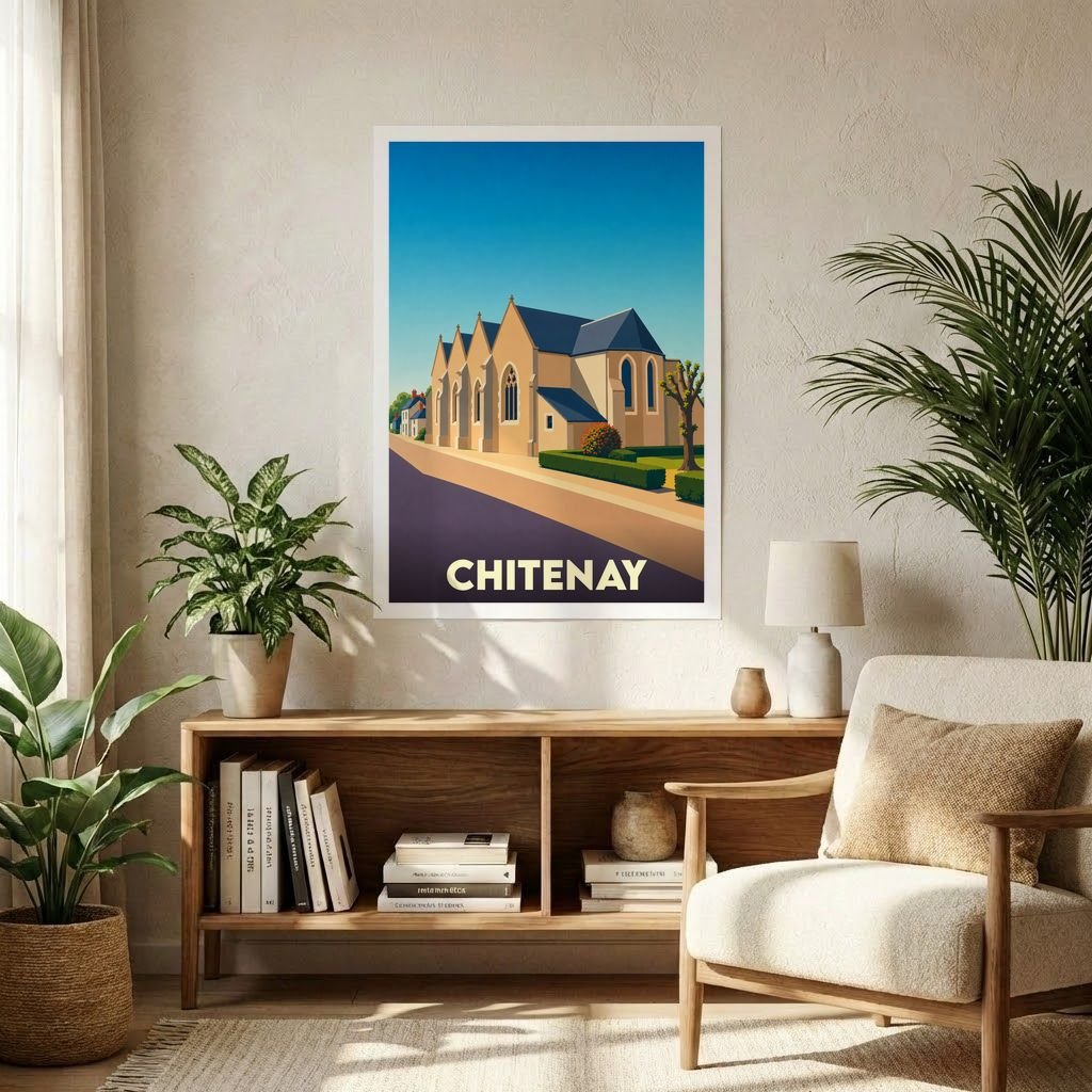 Affiche souvenir de la ville de Chitenay avec une illustration stylisée de son église.