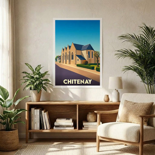 Affiche souvenir de la ville de Chitenay avec une illustration stylisée de son église.