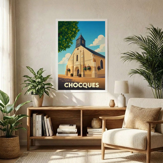 Affiche souvenir de la ville de Chocques avec une illustration stylisée de son église.