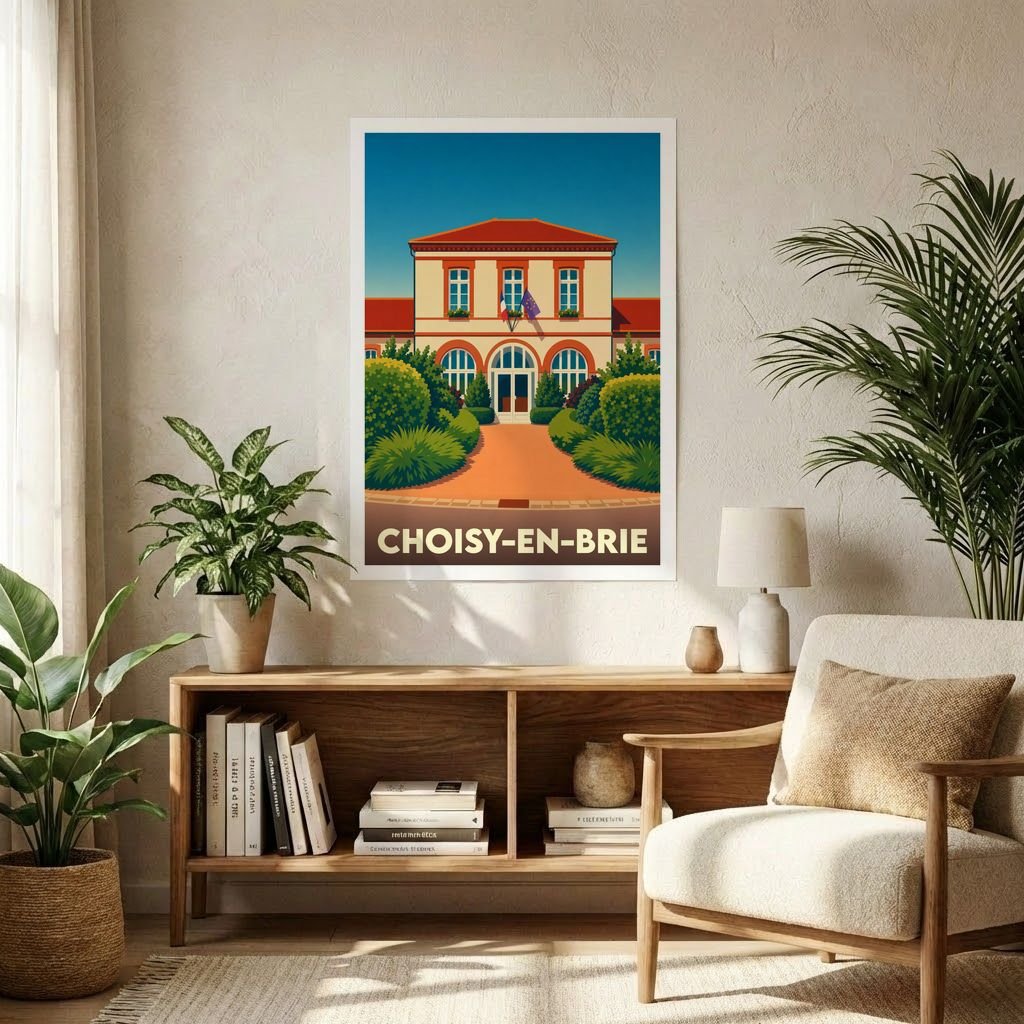 Affiche souvenir de la ville de Choisy-en-Brie avec une illustration stylisée de sa mairie.