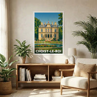 Affiche souvenir de la ville de Choisy-le-Roi avec une illustration stylisée d'un bâtiment historique et d'une fontaine.