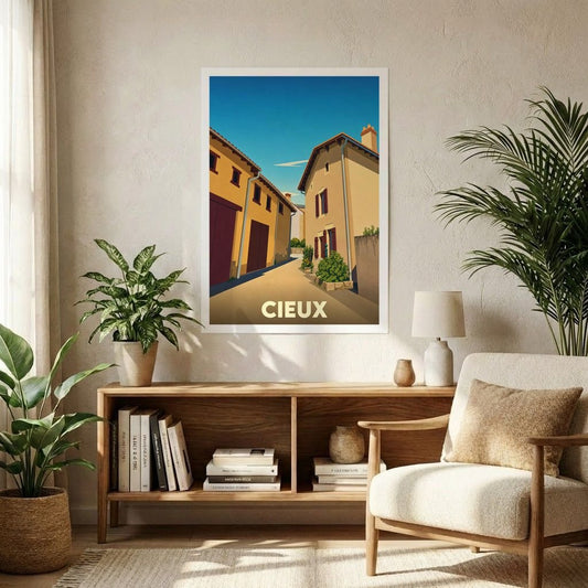 Affiche souvenir de la ville de Cieux avec une illustration stylisée.
