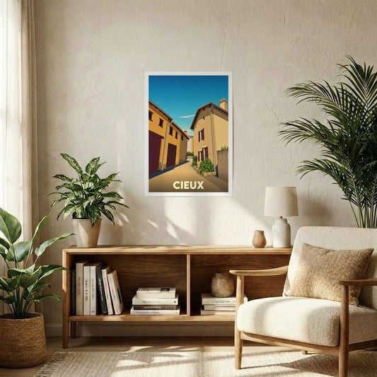 Affiche souvenir de la ville de Cieux avec une illustration stylisée d'une ruelle ensoleillée.