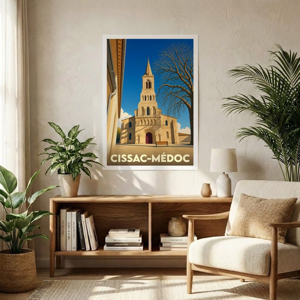 Affiche souvenir de la ville de Cissac-Médoc avec une illustration stylisée de son église sous un ciel bleu.
