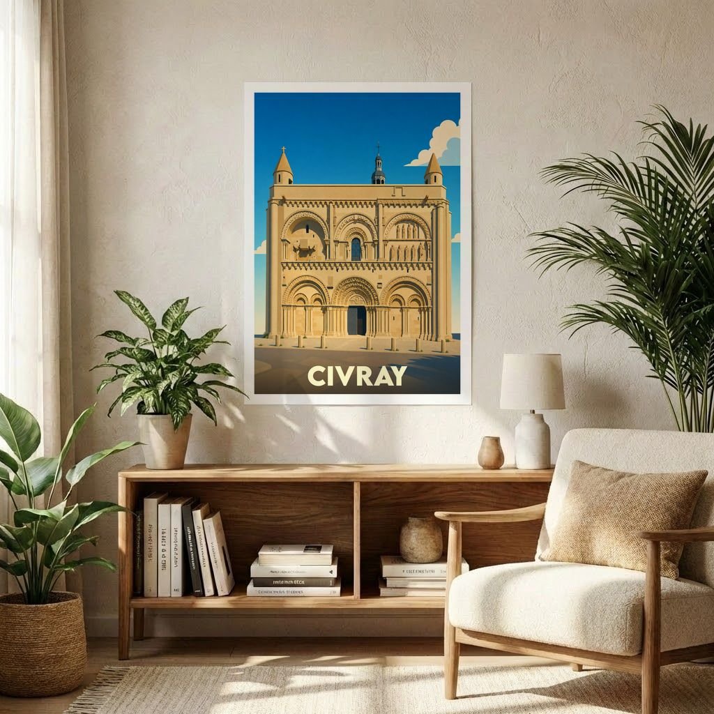 Affiche souvenir de la ville de Civray représentant son église romane dans un style graphique épuré.