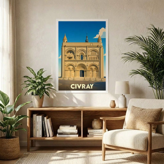 Affiche souvenir de la ville de Civray représentant son église romane dans un style graphique épuré.