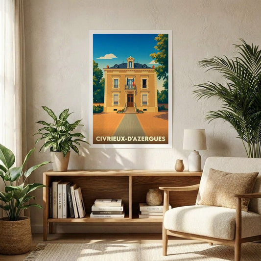 Affiche souvenir de la ville de Civrieux-d'Azergues avec une illustration stylisée de sa mairie.